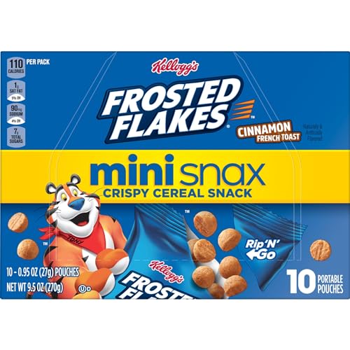 KELLOGG’S FROSTED FLAKES MINI SNAX CRISPY CEREAL SNACKS, KIDS SNACKS, LUNCH SNACKS, CINNAMON FRENCH TOAST, 9.5OZ BOX (10 POUCHES)