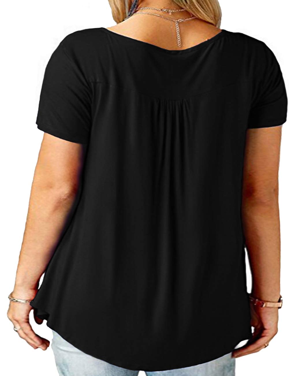 DIOLOCA Women's Tops Plus Size Short Sleeve Summer Tunics Button Up Swing Henley Ruffle Shirts Black 3X