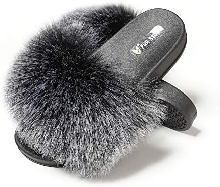 black fluffy slides