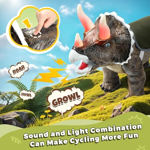 Dinosaur Ride On Toy Car for Kids - Triceratops with Roar Sound & Light Up Horns, Safe Pull String & Comfortable Seat, Indoor Outdoor Walking Trainer, Ideal Birthday Christmas Gift for Toddlers