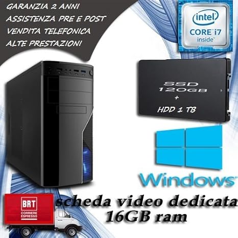 Pc Fisso Computer Desktop Intel Core I7 Ram 16 Gb Ssd 120 Hdd 1tb Scheda Video Dedicata 2 Gb Licenza Originale Microsoft Windows 10 Pro