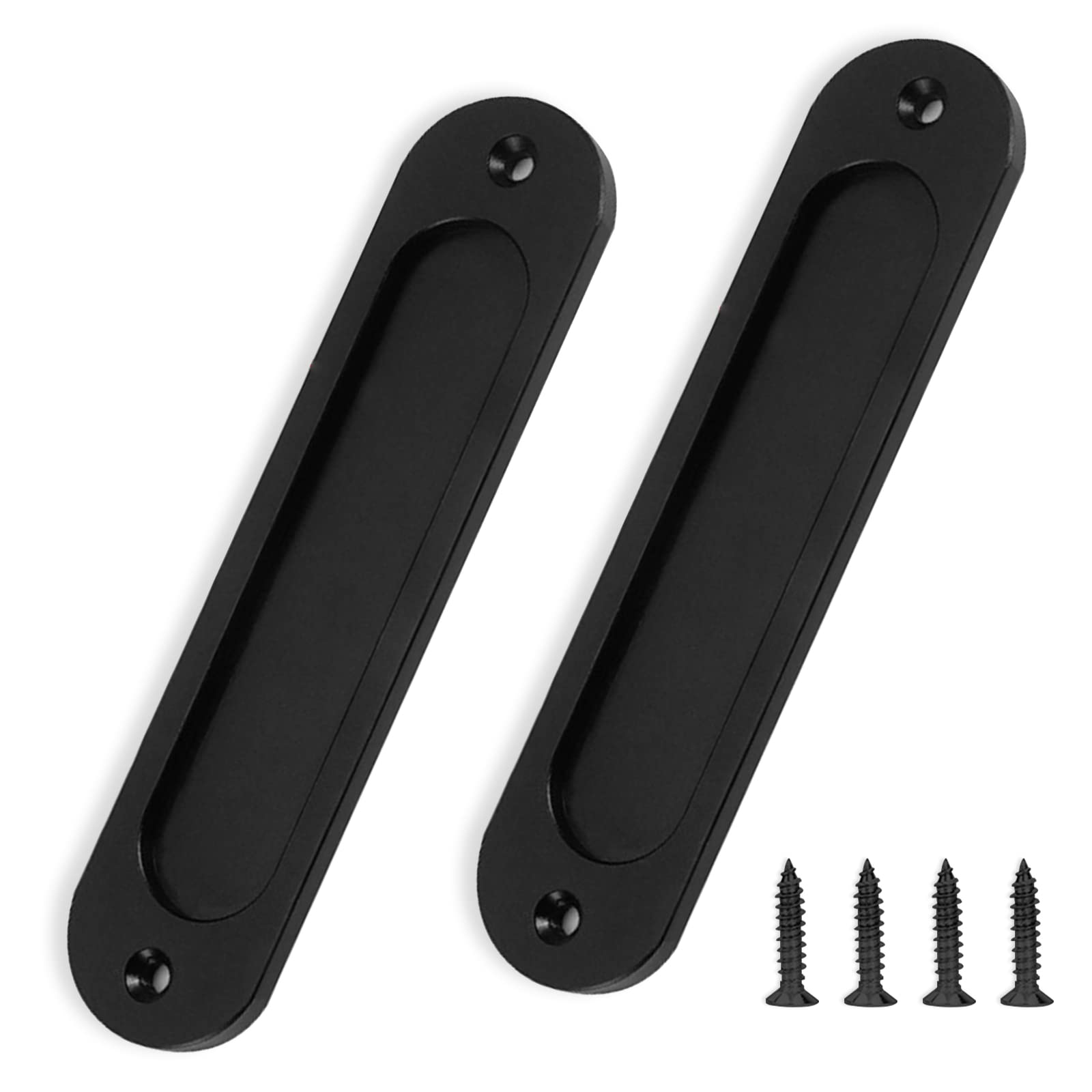 Fatiya 2Pcs Flush Pull Barn Door Handle Matte Black, 6 Inch Round Corner Rectangular Flat Plate Recessed Flush Sliding Pocket Door Handles, Aluminum Finger Handle for Closet Cabinet Drawers