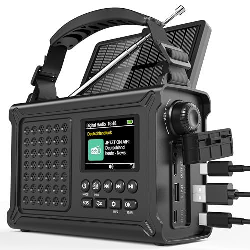 12000mAh Kurbelradio | DAB/DAB+/UKW mit Bluetooth 5.0 | Notfallradio mit 8500mm² Solarpanel & 650mA Handkurbel | Tragbar Dynamo Solar Radio | Als Tasc