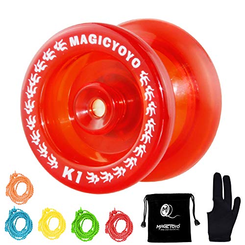 CHEE MONG Responsive Yoyo K1, MAGICYOYO K1 Spin Yoyo, Narrow C Bearing Yo-yo for Kids Beginner + Yoyo Bag + Glove + 5 Yoyo Replacement Strings (Crystal Red)