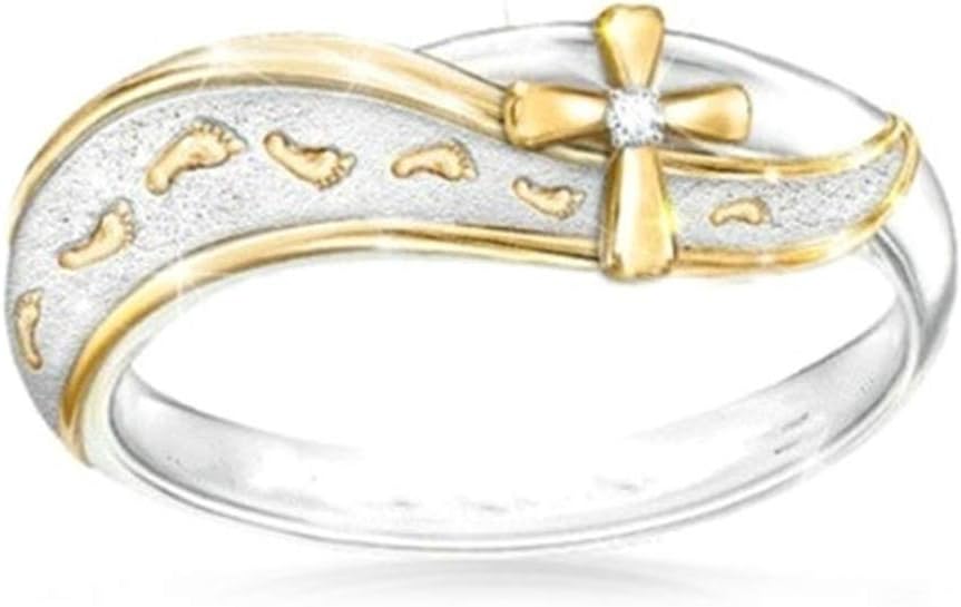 DONGMING Two-Tone Footprints in The Sand Rhinstone Crystal Cross Ring Religious Gifts Promise Statement Wedding Engagement Ring,7