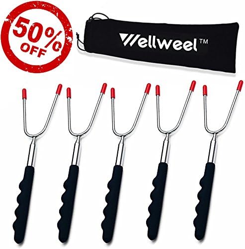 wellweel Marshmallow Roasting Sticks Smores Hot Dog Forks BBQ Skewers 45" Extra Long Telescoping Extendable Smores Skewers - Fire Pit, Camping, Campfire, Bonfire & Outdoor Cookware Kit (5 set)