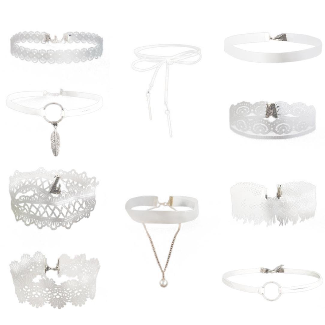 ✰ Xinantime 10Pieces Choker Necklace Set ,Stretch Velvet Classic Gothic Tattoo Lace Choker (White)