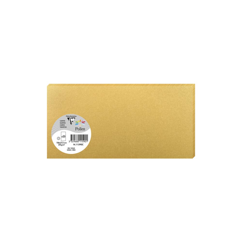 Clairefontaine 11590C Gold Iridescent Paper Pack of 25 Plain Cards DL 10.6x21.3cm 210gsm Invitation and Correspondence Cards Pollen Range Smooth Premium