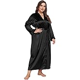 Womens Plus Size Silky Satin Kimono Robe Floral Long Bathrobe Wedding Sleepwear Dressing Gown