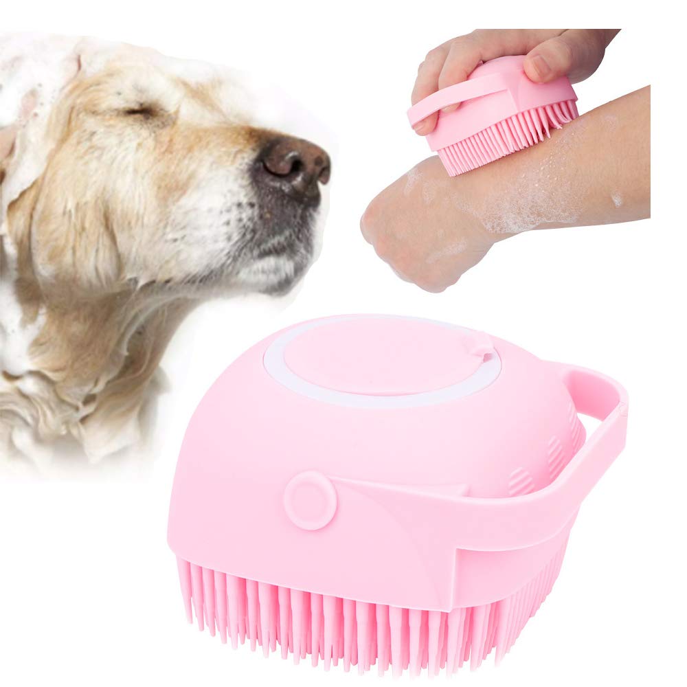 NganSuRong Pet Dog Bath Brush Pet SPA Massage Rubber Comb Soft Silicone Puppy Cats Shower Hair Fur Grooming Cleaning Scrubber With Shampoo Soap Storage (Pink)