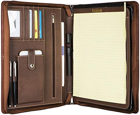 Genuine Leather Portfolio Professional Padfolio Zippered Briefcase for iPad Pro 12.9 inch with Handle, Multi-Function Office Organizer Interview Document Holder Business Folder Brown