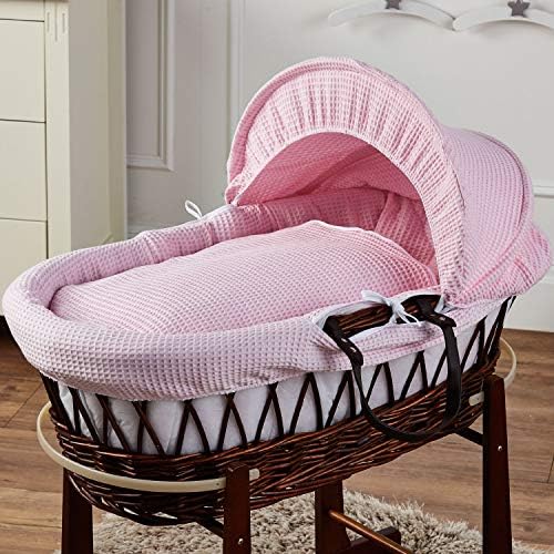 FYLO Pink Waffle Brown Wicker Moses Basket
