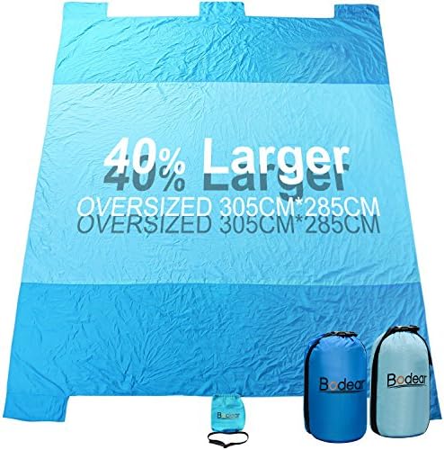 Beach Blanket, Oversized 10'x8' Sand Proof Beach Picnic Blanket Made of 100% Parachute Nylon Anchored with XL Sand Bags - Sky Blue
