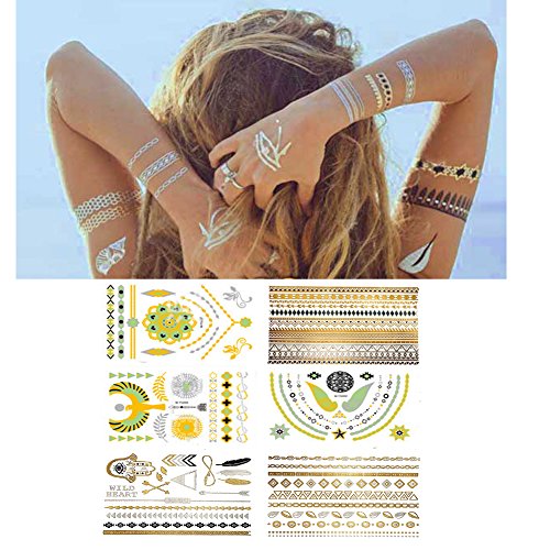 Metallic Temporary Tattoos for Women Teens Girls -Over 75 Mandala, Mehndi, Boho Temporary Tattoos in Gold and Silver (6 Sheets)- Glow in the Dark Color Flash Fake Waterproof Tattoo (Glow in the dark)