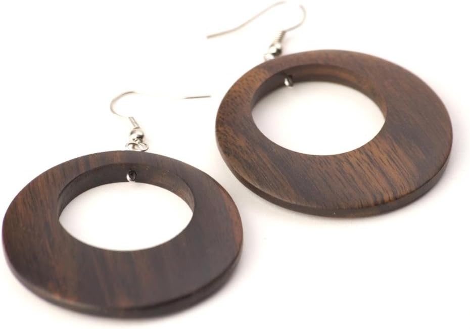 81stgenerationLarge Wood 925 Sterling Silver Hoop Earrings for Women 45 mm - Handmade Earrings With Brown Wooden Discs - Natural Drop Earrings - 60s Accessories - Mod Statement Earrings