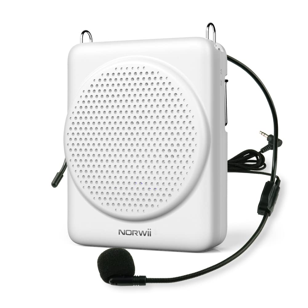 Norwii S368 Portable Voice Amplifier Mini Rechargeable with Wired Microphone Headset and Waistband, Voice Power Amplifiers for Indoor Teaching, Training, Tour Guides, Coaches - White