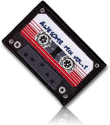 [Single Count] Custom and Unique (3.5" Inch) Rectangle Shaped "Awesome Mix Vol.1" Retro 80s Music Cassette Tape Cosplay Costume Morale Embroidered Iron On Patch {Red, Black &amp; White Colors} {LICENSED}