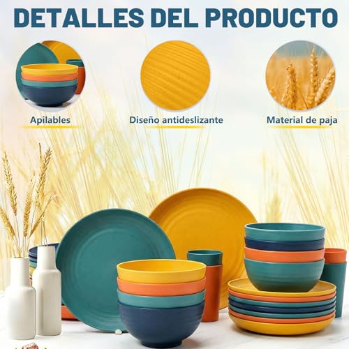 Juego de Vajilla de 32 PCS, Vajillas para 8 Personas de Paja de Trigo, Platos de Reutilizable con PP Irrompible, Incluye Platos, Cuencos y Tazas para Uso Doméstico y Picnic Aire Libre