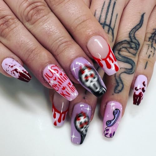 Halloween Press on Nails Medium Coffin Fake Nails Blood False Nails with Design Cute Ghost Glue on Nails Purple Coffin Full Cover Glossy Acrylic Stick on Nails for Women DIY Holiday Nail Decor 24Pcs