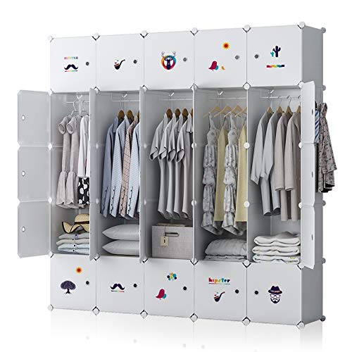 GEORGE&DANIS Portable Wardrobe Plastic Modular Closet Organization Customizable Cube Storage Organizer Bedroom Armoire Dresser, White, 5 Hangers & 10 Cubes