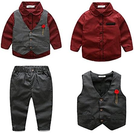 Darin Boys Suit Vest With Brooch, Shirt Trousers 3 Pcs Suit (140cm, burgundy)