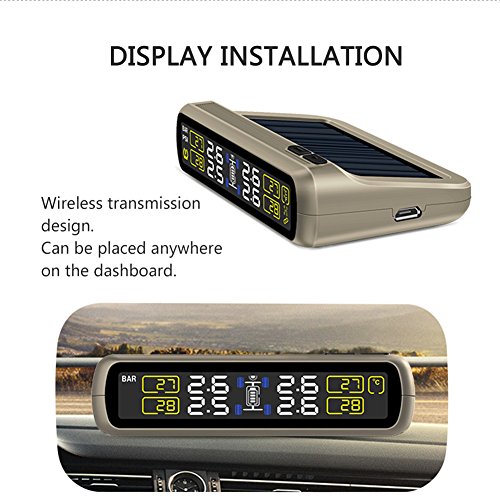 Catinbow TPMS Tire Pressure Monitoring System, Solar Power DIY Tire Pressure Gauge with 4 External Sensors Automotive Wireless Connection Real-Time Tire Pressure Monitor for Vehicle (Gold)