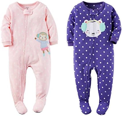 Carters Baby Toddler Girls 2 Pack Fleece Footed Pajama Set (12 Months, Pink Monkey and Purple Dot)