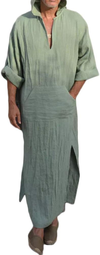 Fueri Mens Linen Hooded Robes Ethic Kaftan Thobe Saudi Arabic Dresses Muslim Dishdash Summer Long Shirts