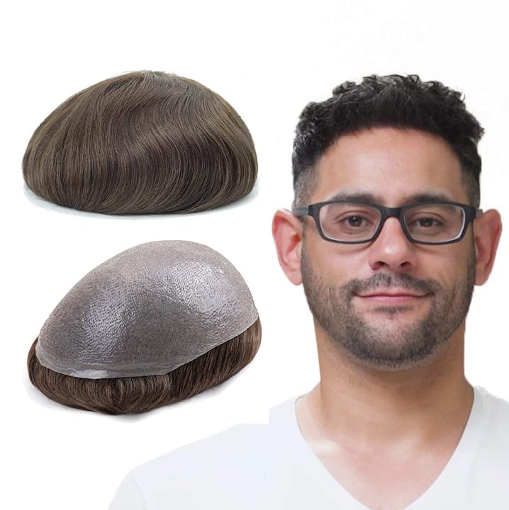 Lordhair Toupee for Men with 100% European human hair 8x10 inch Hairpiece for Men 0.03mm Ultra Thin Skin Hairsystem All V-looped Mens Toupee (Medium Dark Brown #4+10% Grey hair) — image 1