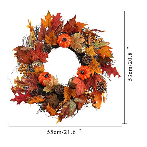 Nahuaa 20" Fall Wreath for Front Door Artificial Autumn Maple Leaf Garland with Fake Pumpkins and Pine Cone for Home Office Yard Indoor Outdoor Thanksgiving Harvest Halloween Display Decoration