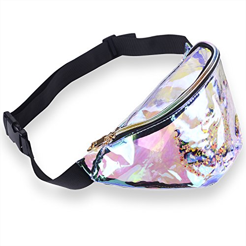 Miracu Holographic Fanny Pack, 80s Fanny Packs for Women and Men, Shiny Waist Pack Bum Bag Fashion for Rave, Festival, Party, Travel (Clear Quicksand) - Thumbnail 2