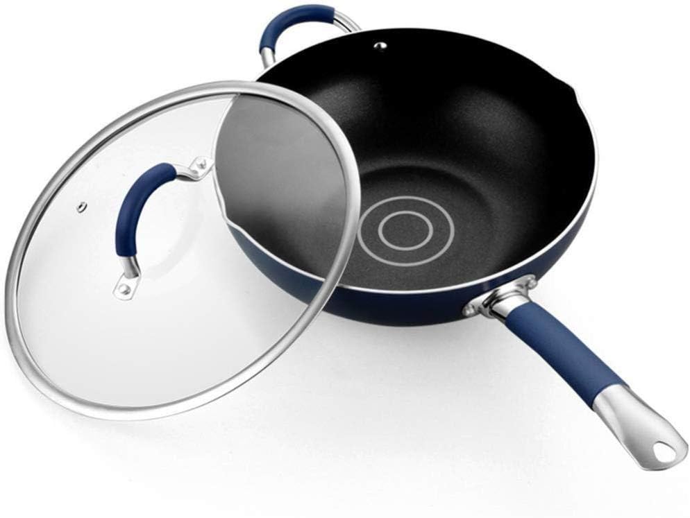 Cooking Pans Pans Wok Pan with Lid Non-Stick Pan Suitable for Induction Cookers with Tempered Glass Lid and Cool Silicone Handles, Blue Pan