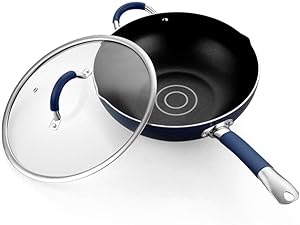 Cooking Pans Pans Wok Pan with Lid Non-Stick Pan Suitable for Induction Cookers with Tempered Glass Lid and Cool Silicone Handles, Blue Pan