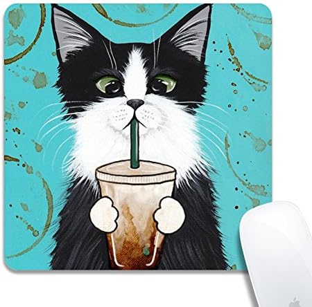 Kusa Cat Drink Cola Mouse Pad, black cat Pattern Design Cloth surface Natural rubber Mouse Pad, Customized Non-Slip Rubber Gaming Mouse Pad(8x8x0.12 inch)