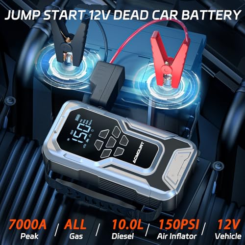 Acmount 7000A Jump Starter with Air Compressor, Car Battery Jump Starter (All Gas/10.0L Diesel), 150PSI Tire Inflator, 12V Jumper Pack with LED Display & Jumper Cables, Portable Air Pump