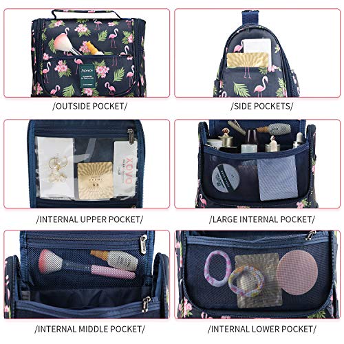 Hanging Toiletry Bag for Men Women, Japoece Portable Waterproof Travel Toiletry Cosmetic Bathroom Shower Bags with Metal Hook Double Layer Large Capacity Durable(Navy Blue-Flamingo) 4 Hanging Toiletry Bag for Men Women, Japoece Portable Waterproof Travel Toiletry Cosmetic Bathroom Shower Bags with Metal Hook Double Layer Large Capacity Durable(Navy Blue-Flamingo)