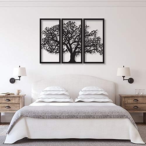 Tubibu 3 Framed Panels Family Tree, Tree of Life Metal Wall Art, Wall Mount Metal Sculpture, Wall Decor, Home Living Room Bedroom Decoration 3 Pcs x (12.5" x 27.5") (Black)