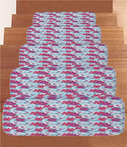 SoSung Floral Coral Fleece Stair Treads,Stair Tread Mats,Damask Flourish Lively Blooms and Leaves with Little White Butterflies Decorative,(Set of 5) 8.6"x27.5"Fuchsia Coral Pale Blue