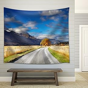 Mountain Landscape with Road and Blue Sky, Otago, New Zealand - Fabric Wall Tapestry Home Decor - 51x60 inches