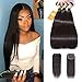Ossilee Straight Hair Bundles with Closure Brazilian Virgin Hair Three Part Lace Closure with Bundles 8a Straight Hair with Closure (16 18 20+14 Three Part Closure, Natural Color)
