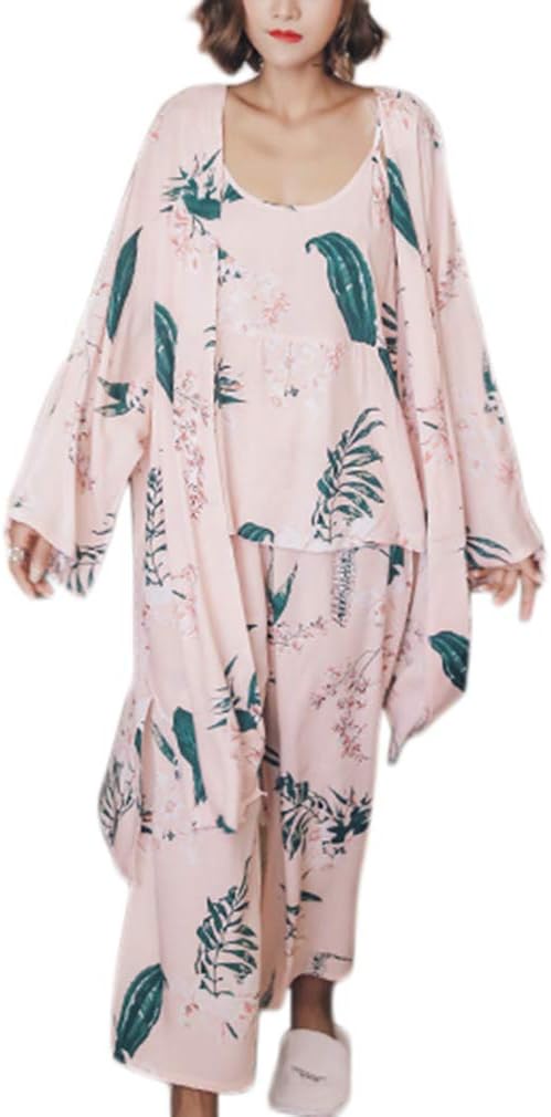 Xuanli Womens Pyjamas Set Long Sleeve Loungewear, 3 Piece Nightwear Cotton Satin Soft Print Autumn Sleepwear Floral Kimono Robe