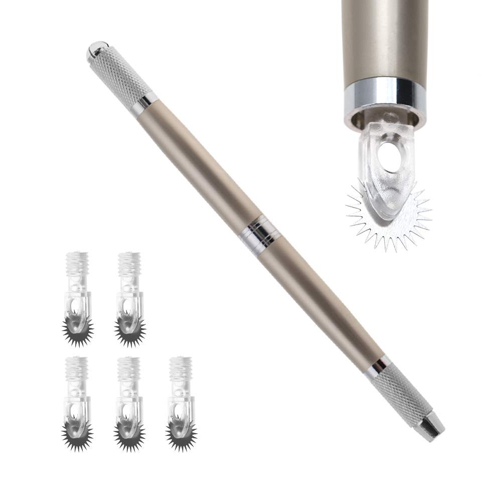 Eyebrow Tattoo Pens Microblading Pen with 5 Roller Needles, Eyebrow Roller Semi-Permanent Makeup Tattoo Kit, Double Heads Manual Tattoo Pen for Lip Eyeliner Fast Coloring (Big Roller Needle)
