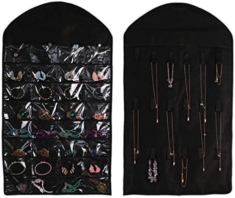 Huston Lowell Jewellery Hanging Organiser Double Sided 32 Pockets & 18 Magic Tape Hook Storage Bag Closet Storage for Earrings Necklace Bracelet Ring Display Bag (Black-no hanger)