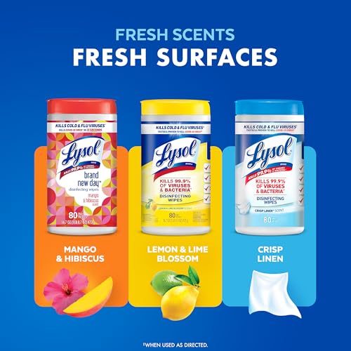 LYSOL DISINFECTING WIPES BUNDLE, HOME APARTMENT DORM ROOM ESSENTIALS AND CLEANING SUPPLIES, ALL PURPOSE CLEANER, MULTI-SURFACE CLEANING WIPES, MULTI-SCENT SANITIZING WIPES BUNDLE, 80 COUNT (4PK)