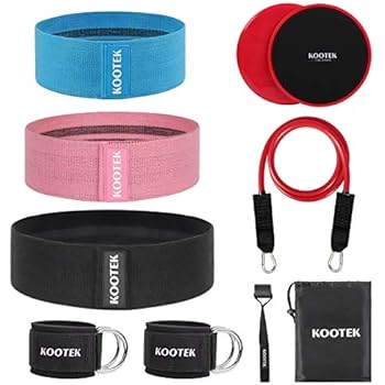 Kootek 10 Pieces Resistance Loop Bands Set - Workout Bands for Leg and Butt Training High Elasticity Exercise Band with Door Anchor 2 Core Sliders Legs Ankle Straps Guide Book for Home Fitness Gym
