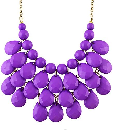Feelontop Hot Sale Water Drop Imitation Gemstone Multi-layers Bubble Statement Bib Necklace with Jewelry Pouch (Purple)