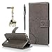 Note 5 Case,Samsung Galaxy Note 5 Case - Badalink Fashion Wallet PU Leather with Embossed Flowers Butterfly [Card Holders] Flip Cover with Hand Strap & 3D Cute Elephant Dust Plug & Stylus Pen - Gray