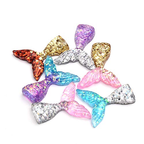 Kissitty 20-Piece Random Mixed Color Glitter Mermaid Tail Flat Back Resin Cabochons 33x30x7.5~9.5mm for Craft Scrapbooking