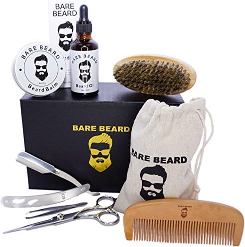 Bare Beard Oil Grooming & Trim Kit Men's Gift Set - [2018 Launch] 100% Natural Beard Oil, Balm Conditioner, Comb, Brush, Folding Straight Edge, Tweezers & Scissors For Styling and Hair Care