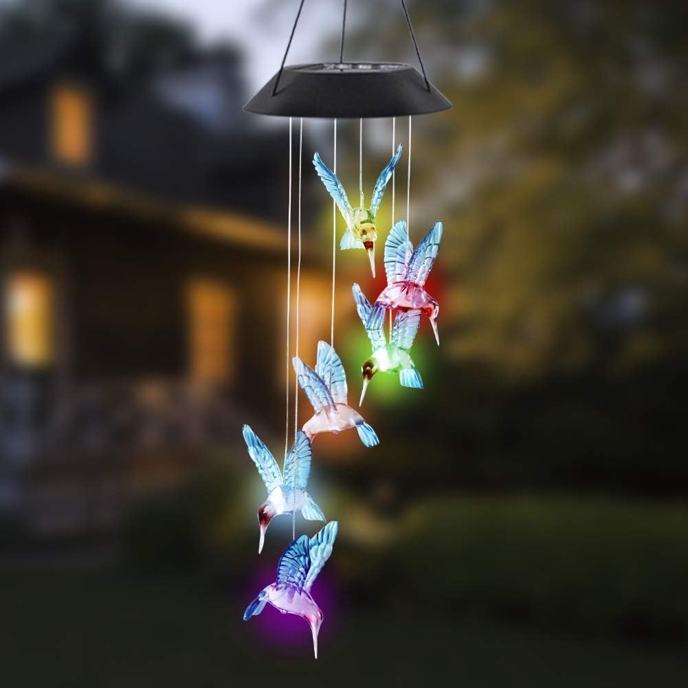 MorTime LED Solar Hummingbird Wind Chime, 25" Mobile Hanging Wind Chime for Home Garden Decoration, Automatic Light Changing Color (Blue) : Garden & Outdoor